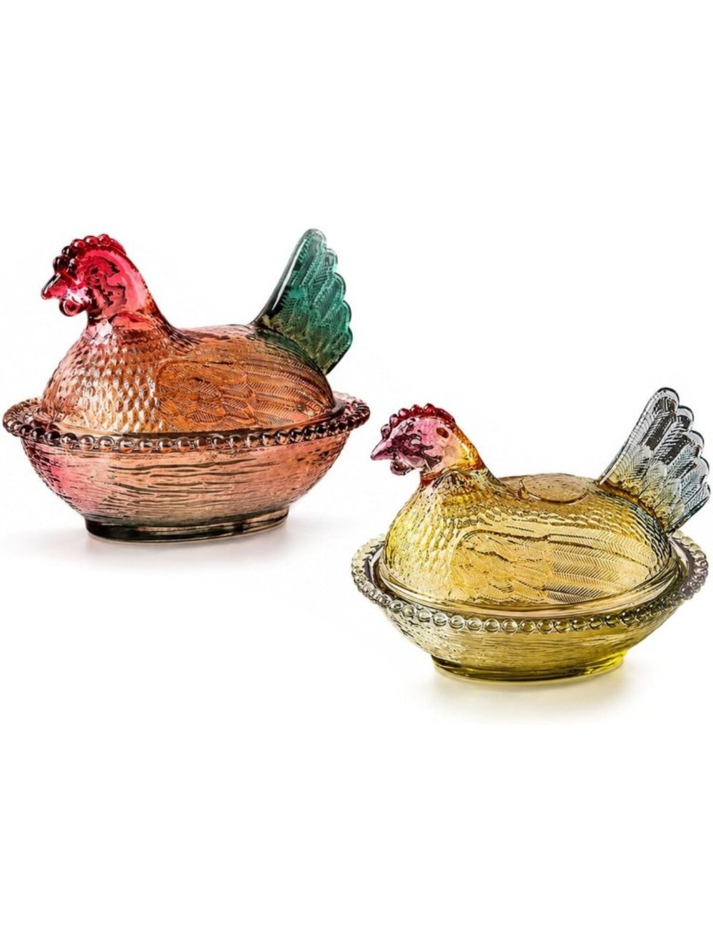 Vintage Glass Candy Dishes Set of 2 - Hen on Nest Design with Lids, Collectible